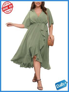 Plus Size Maxi Dress Short Sleeve V Neck Ruffle High Low Split Wrap Wedding